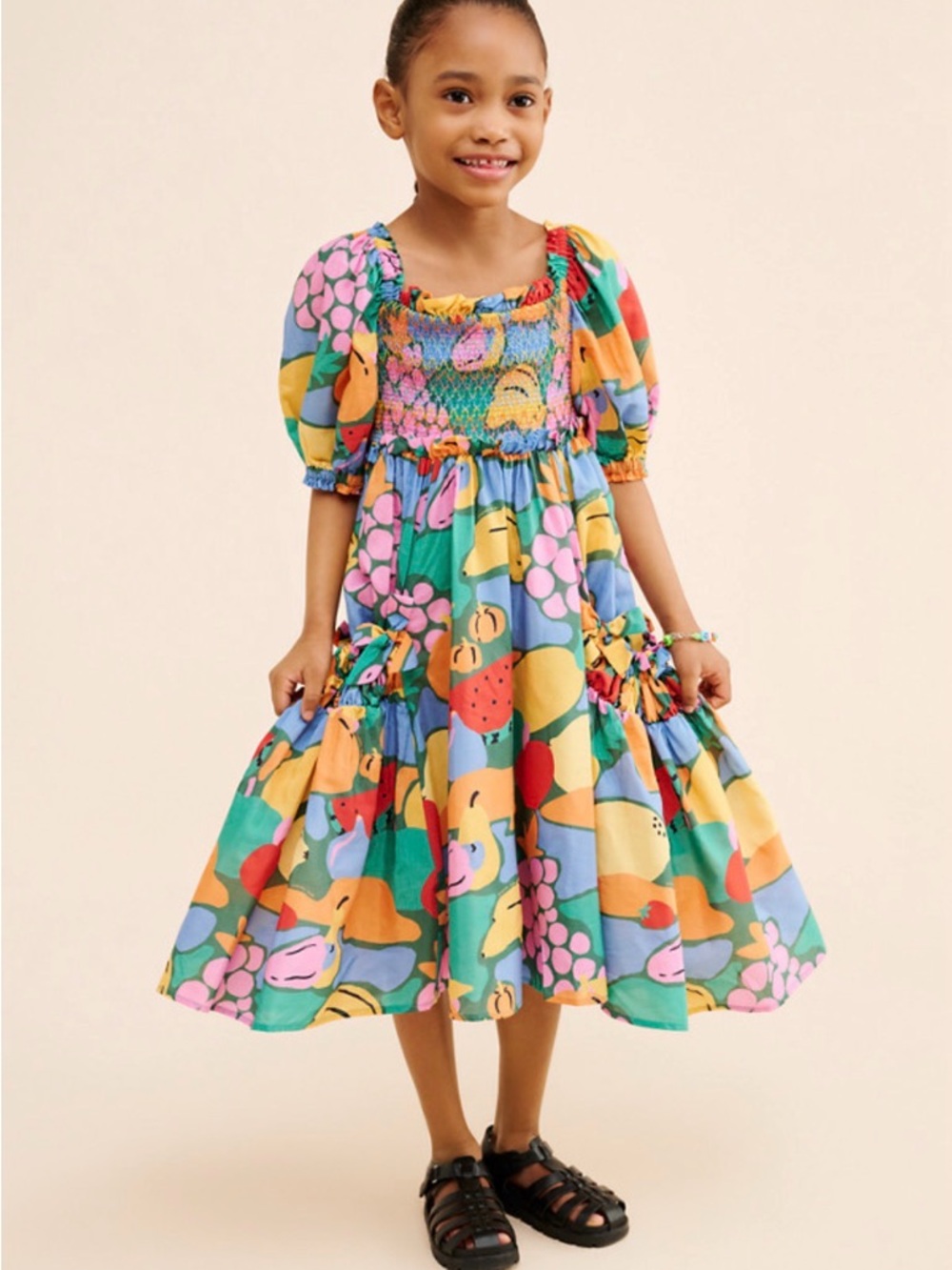 FARM Rio Girls Multicolor Fruit & Floral Smocked Puff-Sleeve Dress